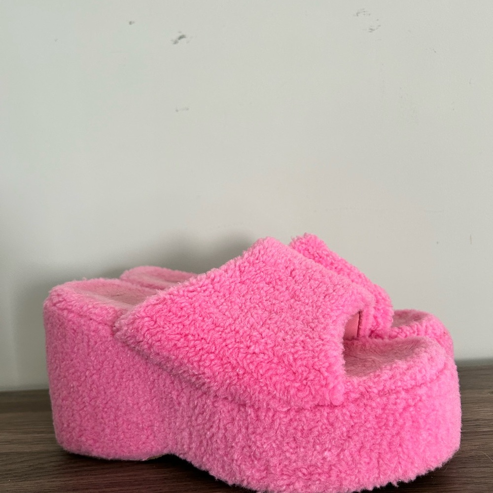 Pink Fuzzy Platform Slippers